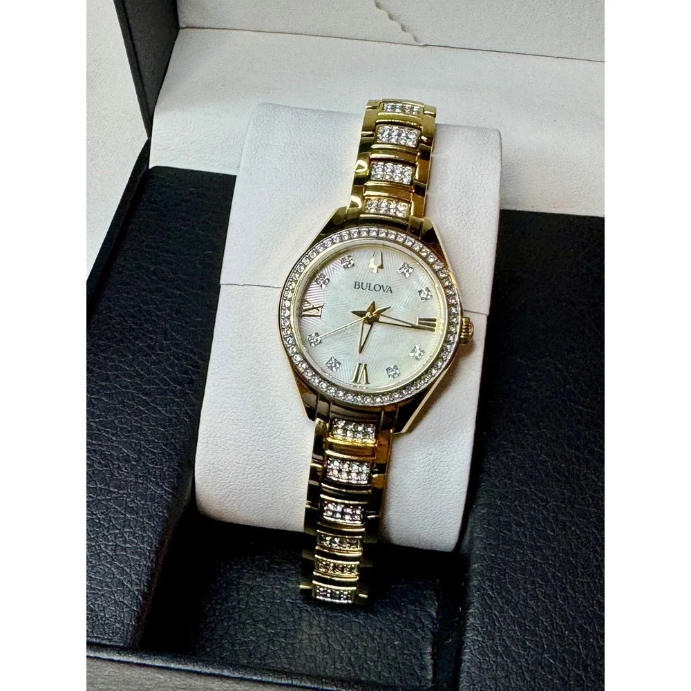 Bulova 98L306 Swarovski Crystal Gold Tone Watch MOP‎ Dial Box Extra Links